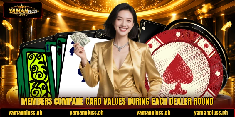 Members compare card values during each dealer round Members compare card values during each dealer round
